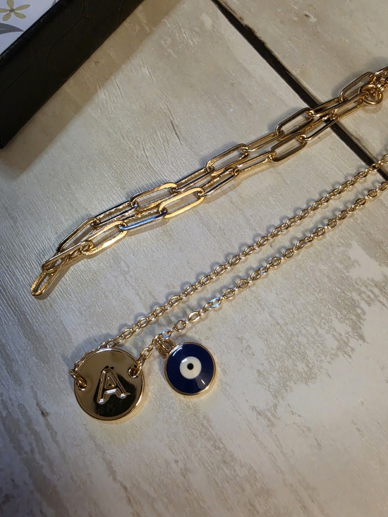 Iefwell Jewelry - Gold Initial 'A' and Blue Evil Eye Pendant Bracelet Set